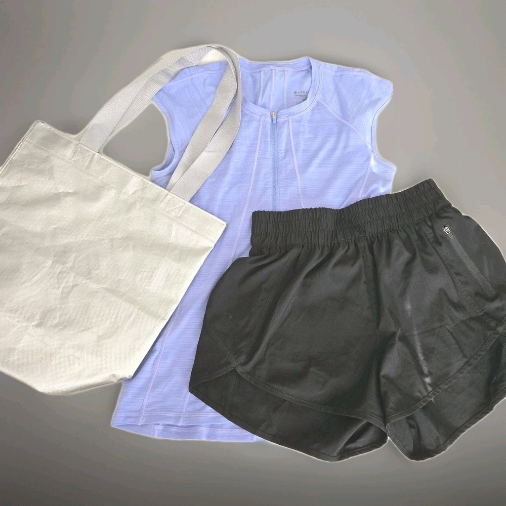 Workout Set S ATHLETA Tank Top + Silver Medium Tote +‎ Black S Short Sporty